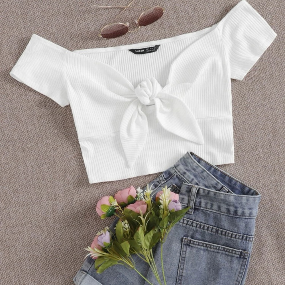Qutie knot front rib-knit Bardot top
